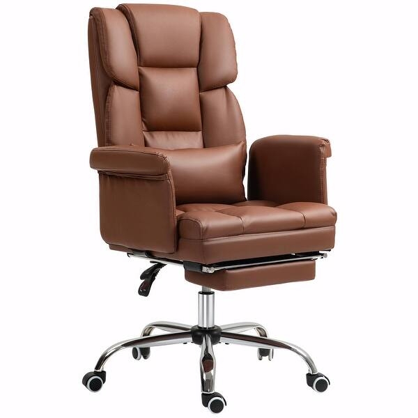 Executive Office Chair, Polished Chrome Base, Brown Leather-Like, Footrest