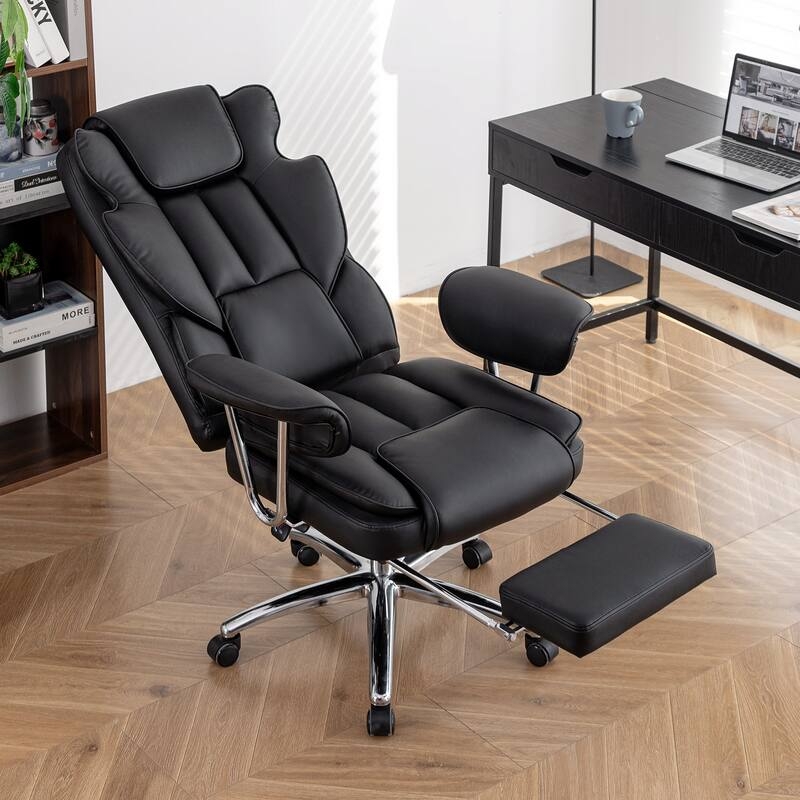Executive Office Recliner, Segmented Lumbar Support, Black Leather-Like