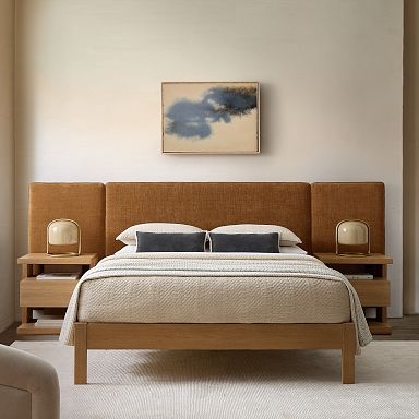 Extended Terracotta Upholstered Headboard on Platform Bed Base