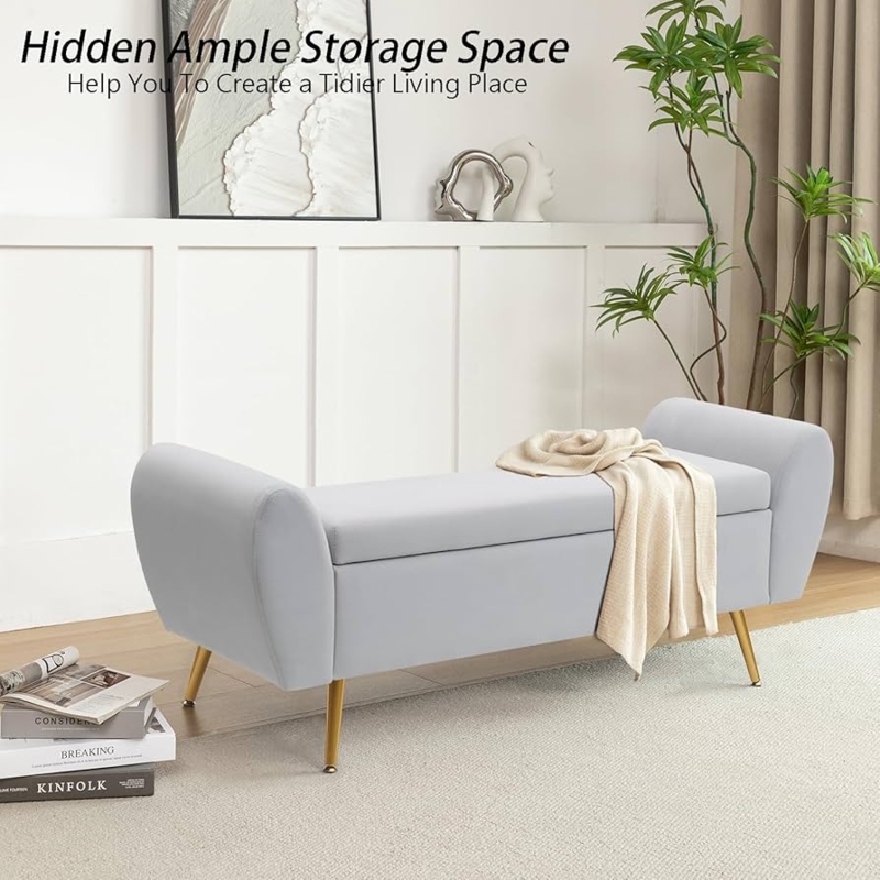 Extra Long Gray Storage Bench with Gold Tapered Legs