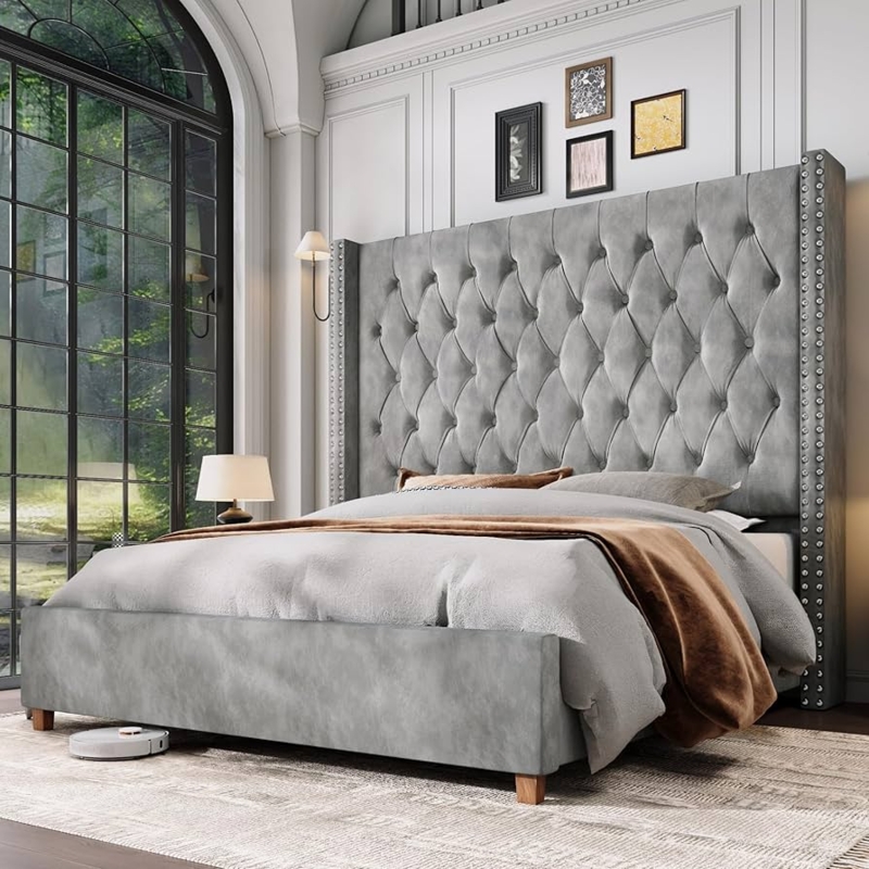 Extra Tall Wingback Bed Velvet Diamond Tufted Nailhead Trim
