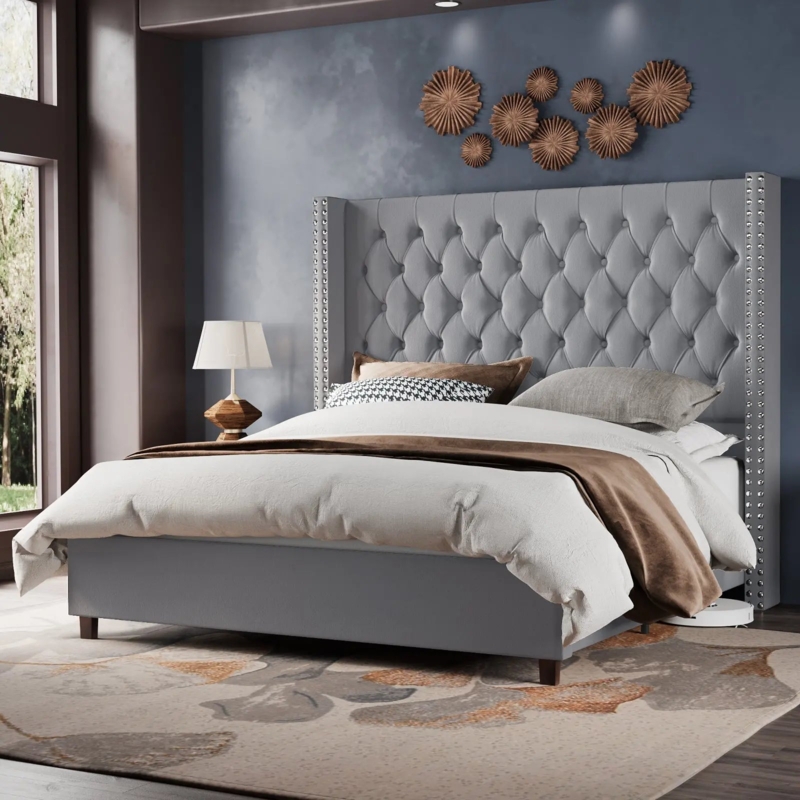 Extra-Tall Wingback Bed with Deep Diamond Tufting and Silver Nailhead Trim