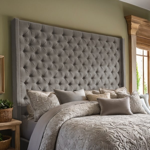 Extra Tall Wingback Headboard Grey Linen Deep Button Tufting