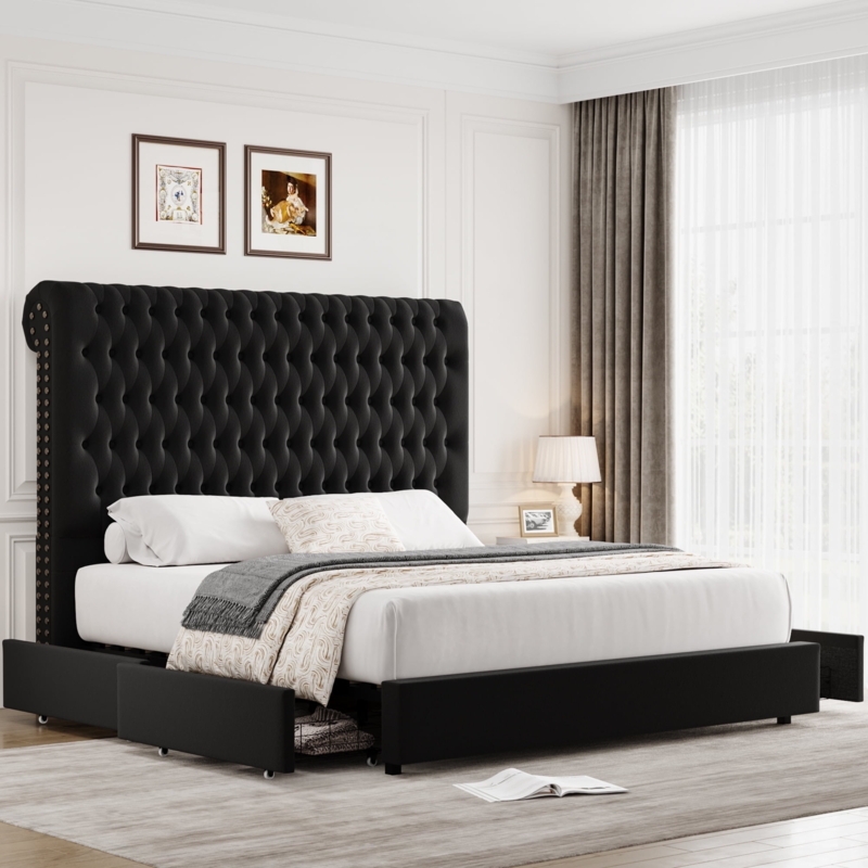 Extra Tall Wingback Storage Bed with Diamond Tufting and Drawers