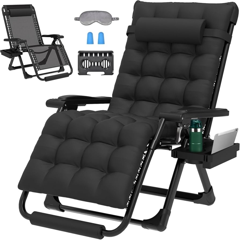 Extra Wide Black Zero Gravity Chair with Detachable Quilted Cushion
