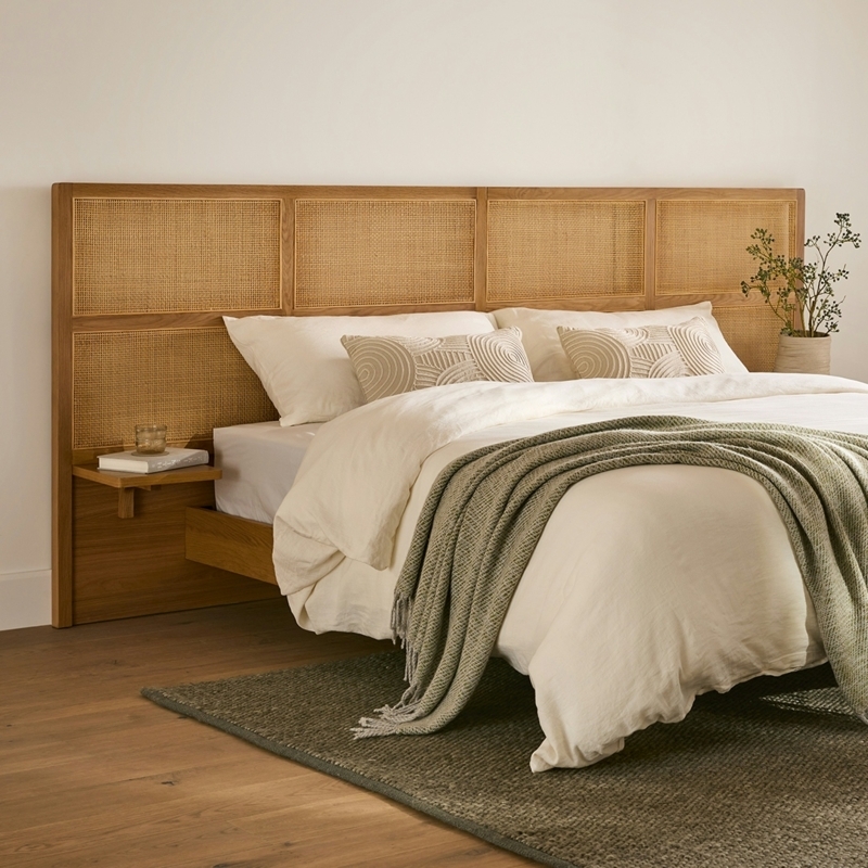 Extra Wide Oak Headboard with Woven Rattan Inserts & Shelf