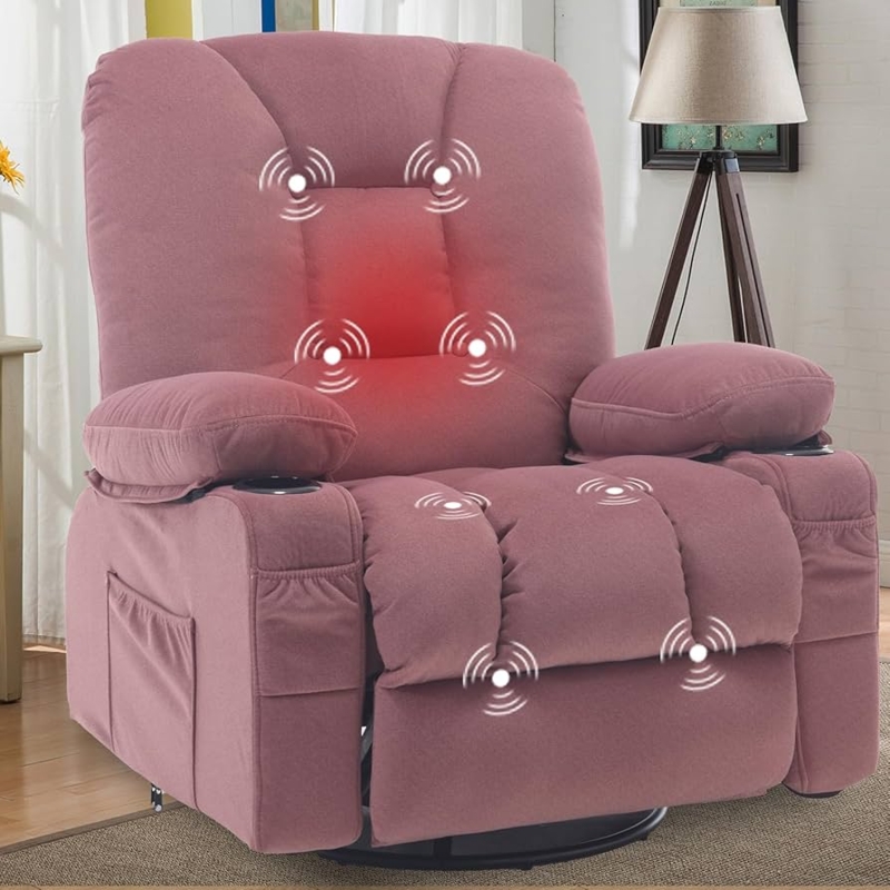 Fabric Swivel Recliner with Cup Holders and Massage, Pink