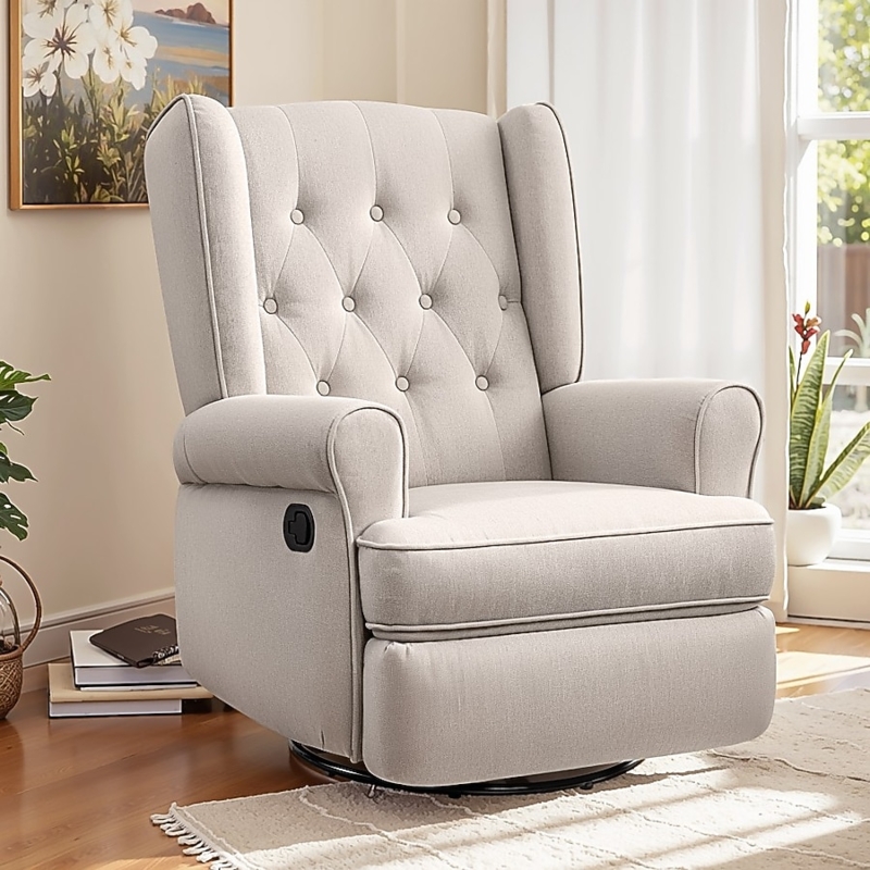 Fabric Swivel Rocker Recliner with Wingback Silhouette and Button Tufting