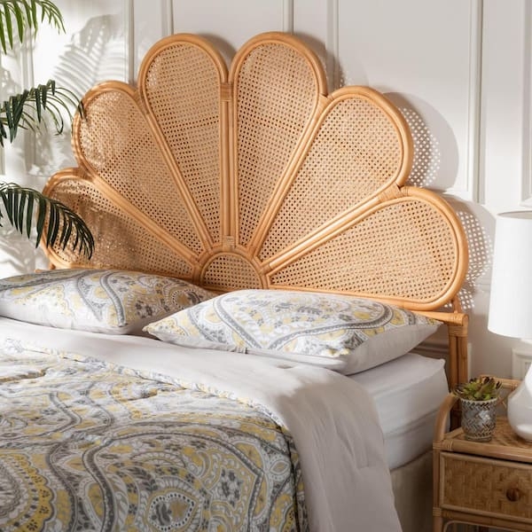 Fan Shaped Rattan Headboard Woven Cane Bohemian Style Honey Finish