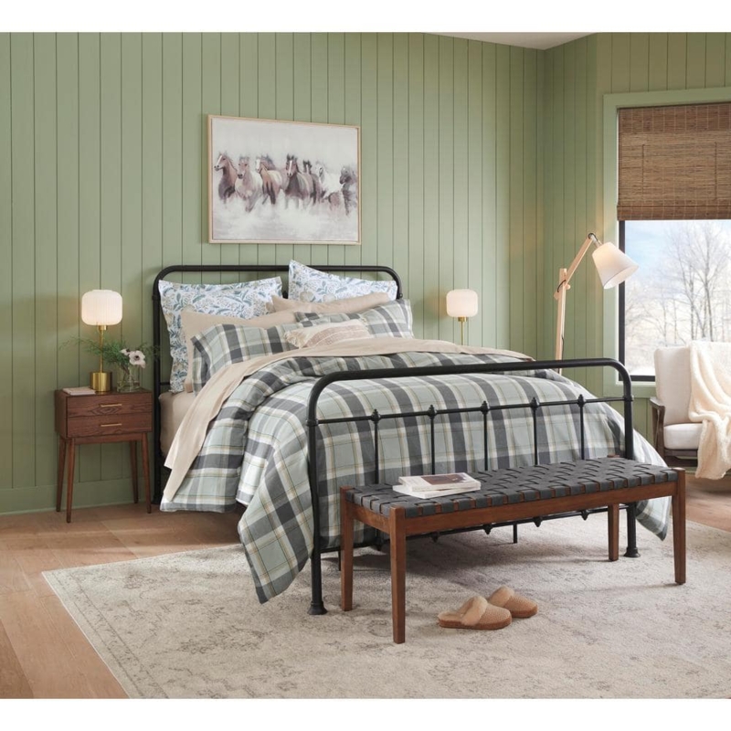 Farmhouse Bed Frame Black Metal Spindles with Tapered Legs