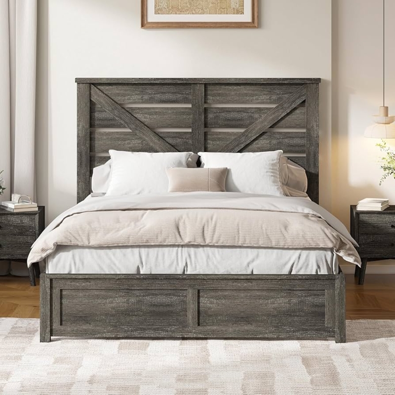 Farmhouse Bed Frame with Barn Door X-Panel Headboard, Weathered Grey