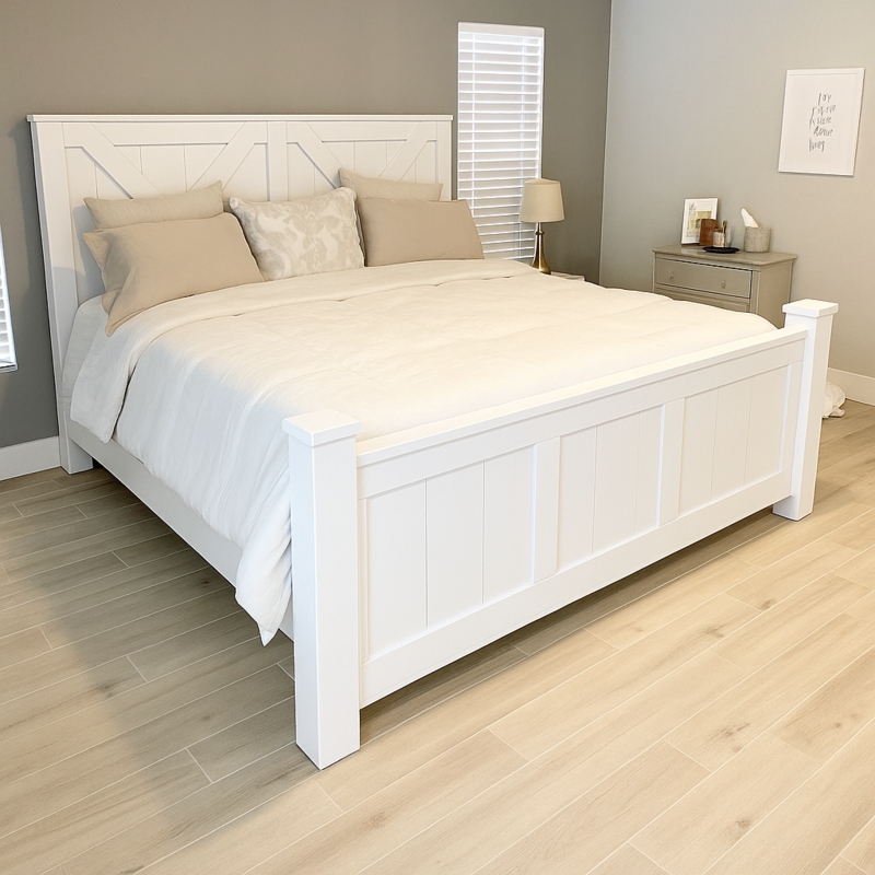 Farmhouse Bed Frame, X-Brace Headboard, Barn Door Style Bed
