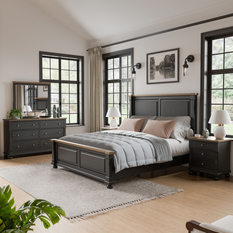Farmhouse Bedroom Set Two Tone Black and Wood Furniture with Paneled Bed