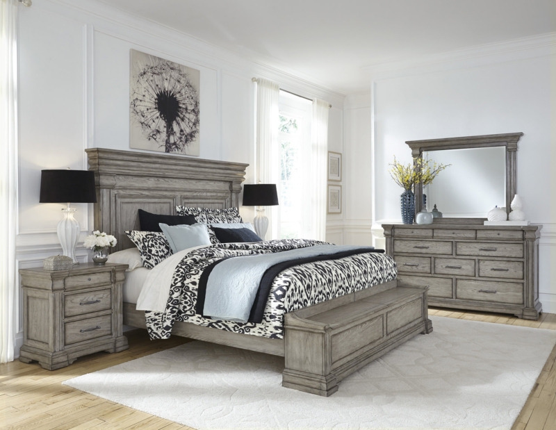 Farmhouse Bedroom Set Weathered Grey Storage Footboard Tiered Molding Bed