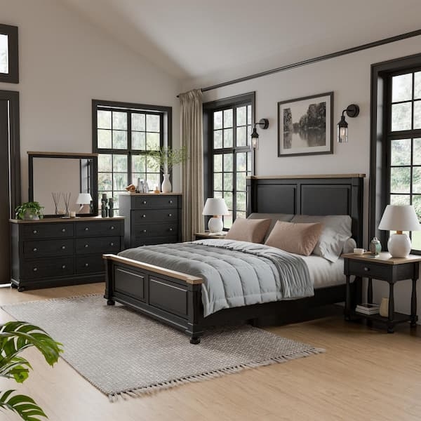Farmhouse Bedroom Set with Wood Tops and Paneled Details
