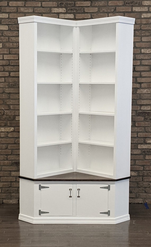 Farmhouse Corner Bookcase Two-Tone White Dark Brown T-Hinges