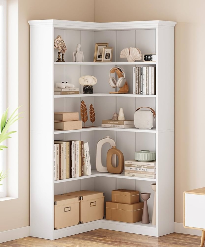 Farmhouse Corner Bookshelf White L-Shaped Beaded Back Panel Crown Molding
