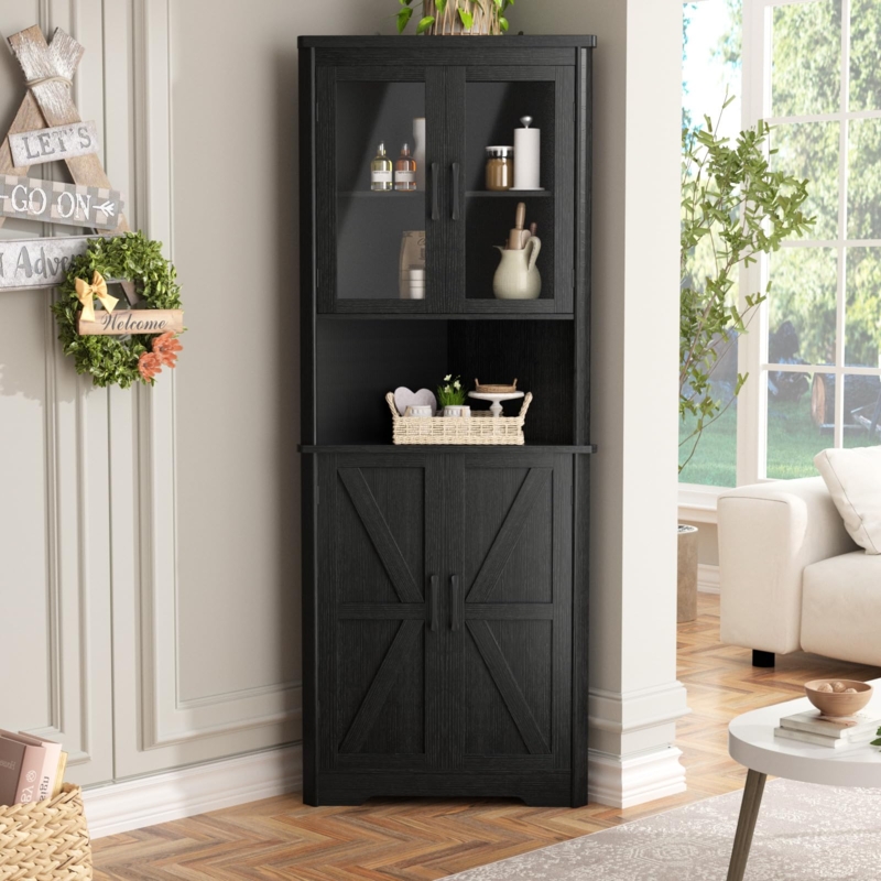 Farmhouse Corner Cabinet with Glass Upper and Barn Lower Doors