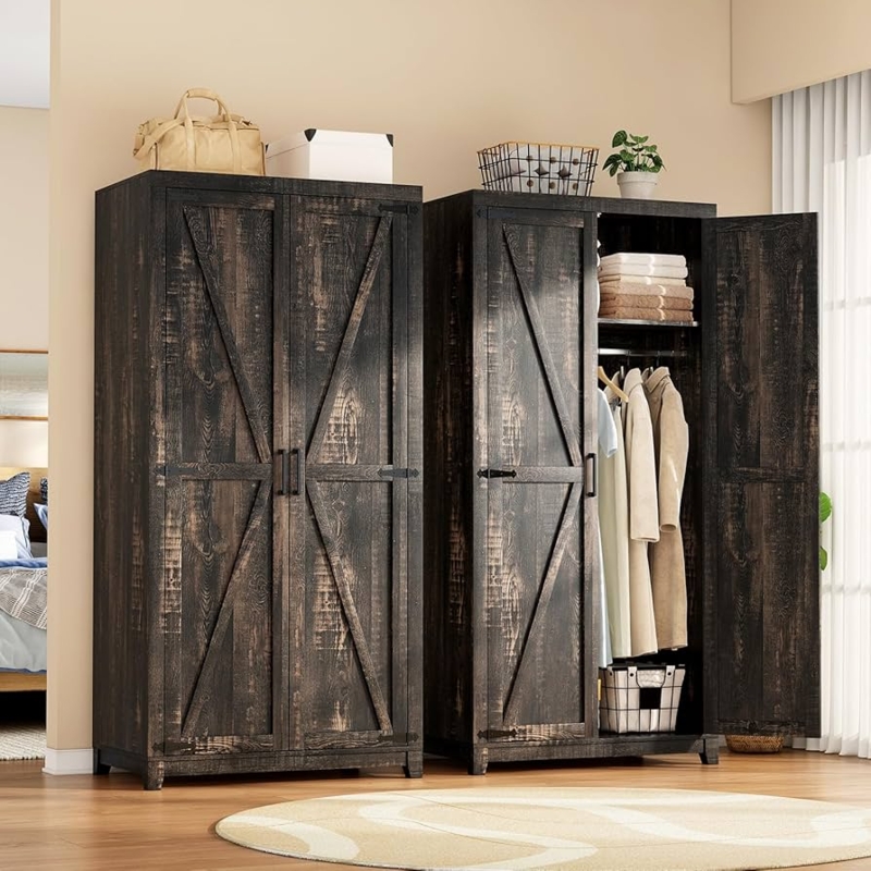 Farmhouse Dark Oak Barn Door Wardrobe Set with X-Brace Panels