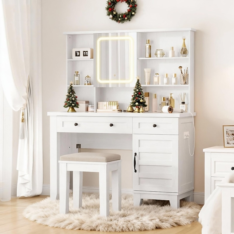 Farmhouse Makeup Vanity with Hutch Storage & Side Power Outlet