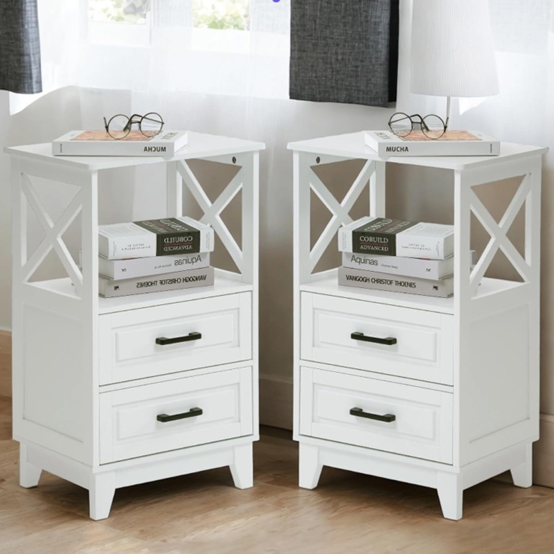 Farmhouse Nightstand Set Tall X-Side Panels Two Drawers White