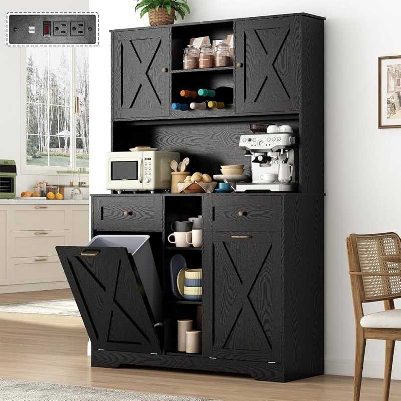Farmhouse Pantry Cabinet Tilt-Out Trash Bin Barn Door Motif