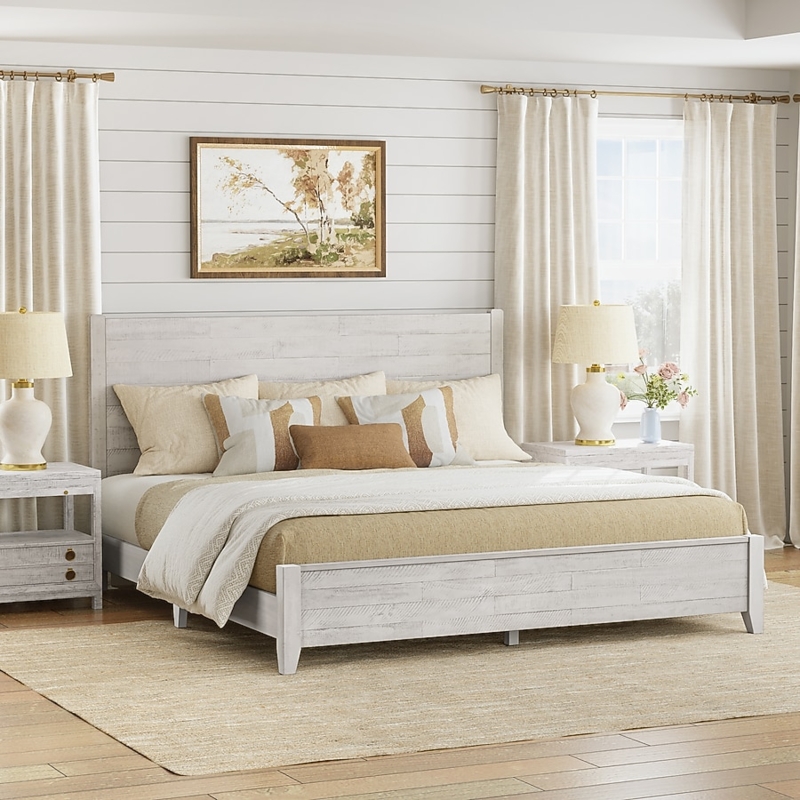 Farmhouse Platform Bed Rustic White with Paneled Shiplap Headboard