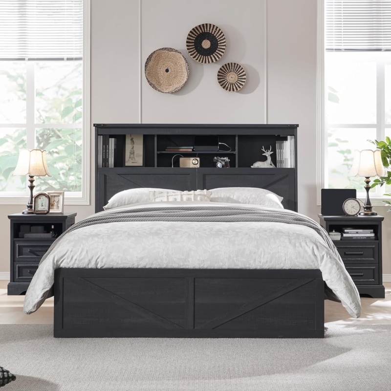 Farmhouse Platform Bed with X-Brace Detailing and Bookcase