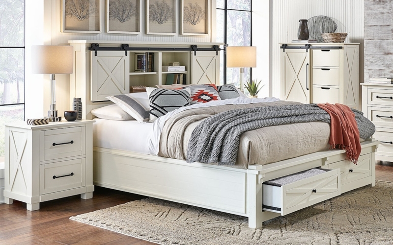 Farmhouse Storage Bed Sliding Barn Door Headboard Whitewashed Finish
