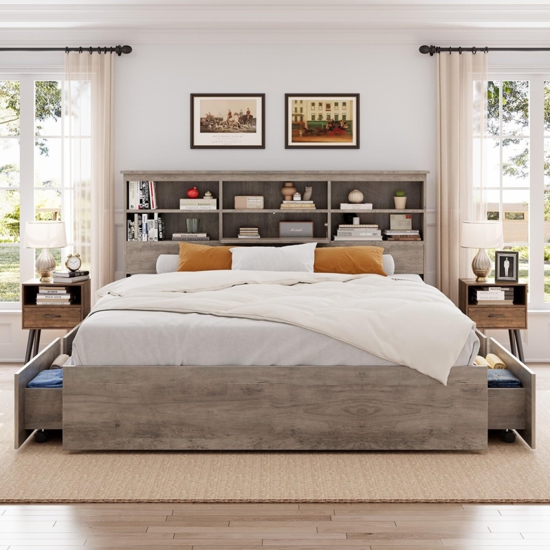 Farmhouse Storage Bed Weathered Grey with Sliding Door Headboard