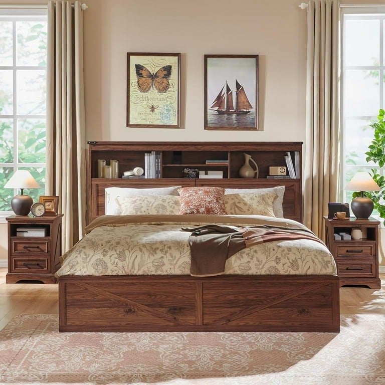 Farmhouse Storage Bed with X-Brace Detailing and Integrated Lighting