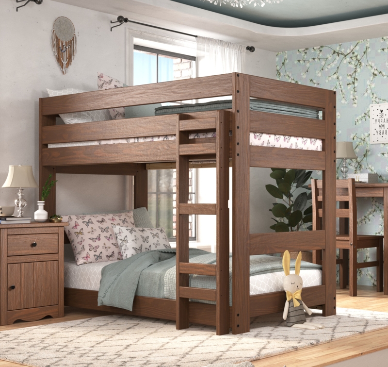 Farmhouse Twin XL Bunk Bed with Built-In Ladder and Warm Wood Finish.