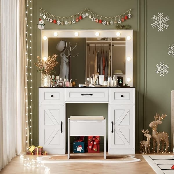 Farmhouse Vanity Set with Barn-Door Cabinets & Storage Stool