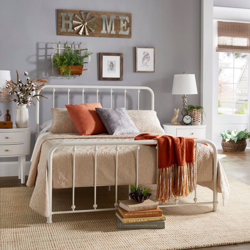 Farmhouse White Metal Platform Bed Beaded Spindles Open Frame