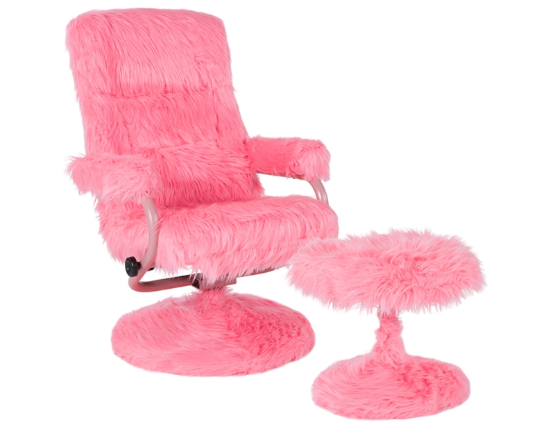 Faux Fur Recliner and Ottoman Set, Pink Shaggy Swivel Base