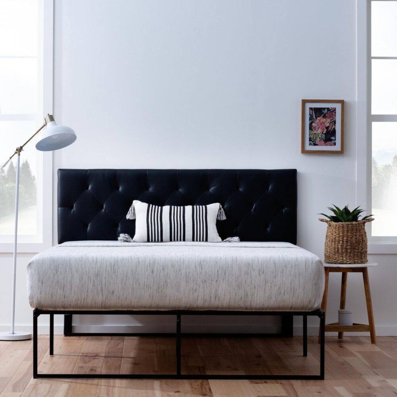 Faux Leather Headboard Diamond Tufted Sleek Metal Base Clean Lines