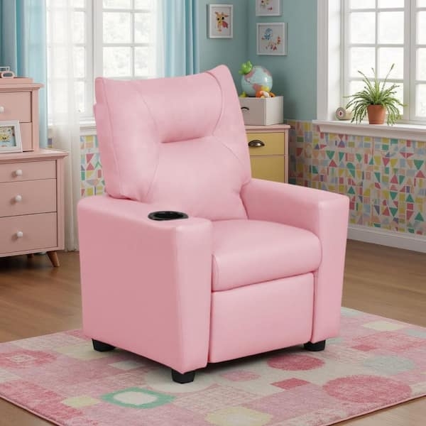 Faux Leather Kids Recliner, Pink with Cup Holder
