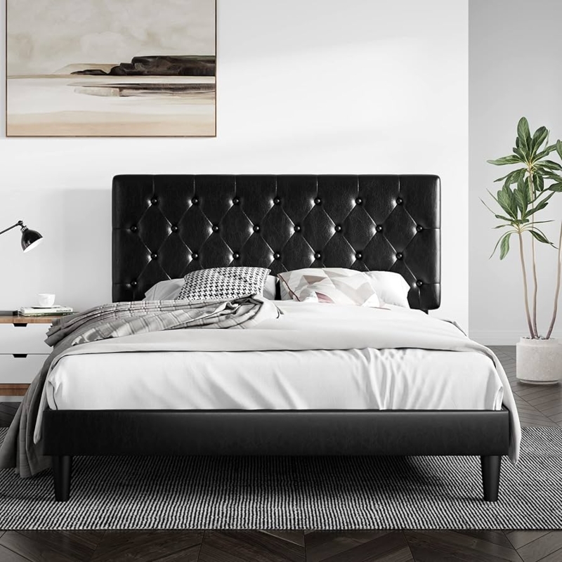 Faux Leather Platform Bed Diamond Tufted Headboard Tapered Legs