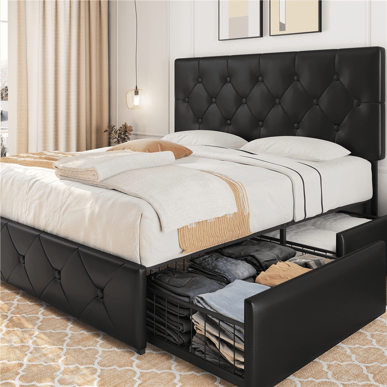 Faux Leather Platform Bed featuring Wire Drawer Storage Inserts