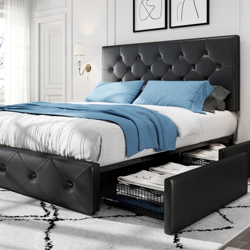 Faux Leather Platform Bed with Diamond Tufted Headboard & 4 Drawers