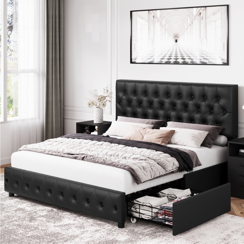 Faux Leather Platform Bed with Underbed Storage Drawers and Tufting