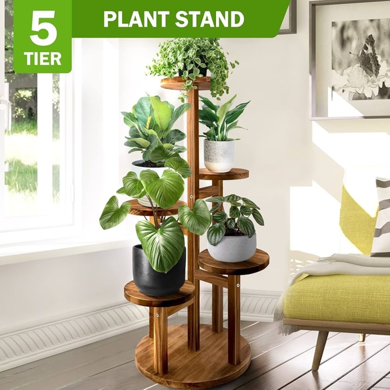 Five-Tier Plant Stand Walnut Finish Staggered Round Base