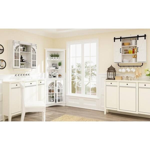 Five-Tier White Corner Cabinet with Arched Glass Display Doors