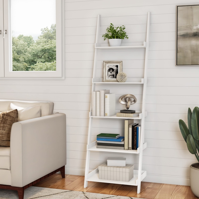 Five Tier White Ladder Shelf Leaning Look Modern Farmhouse Style