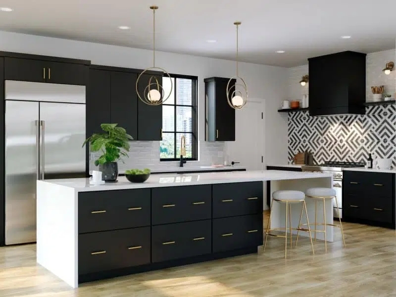Flat Panel Kitchen Cabinets Waterfall Island Geometric Backsplash