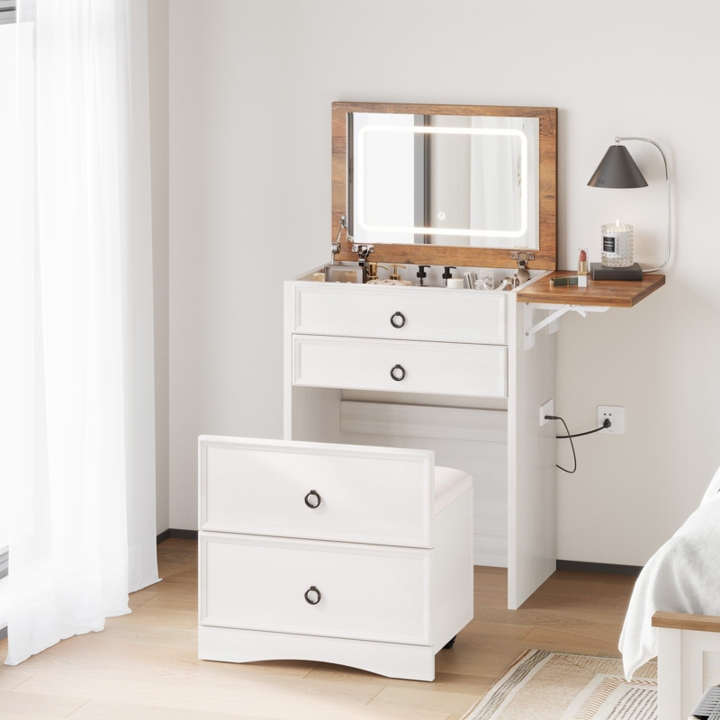 Flip-Top Vanity Set with Hidden Stool & Fold-Out Side Shelf