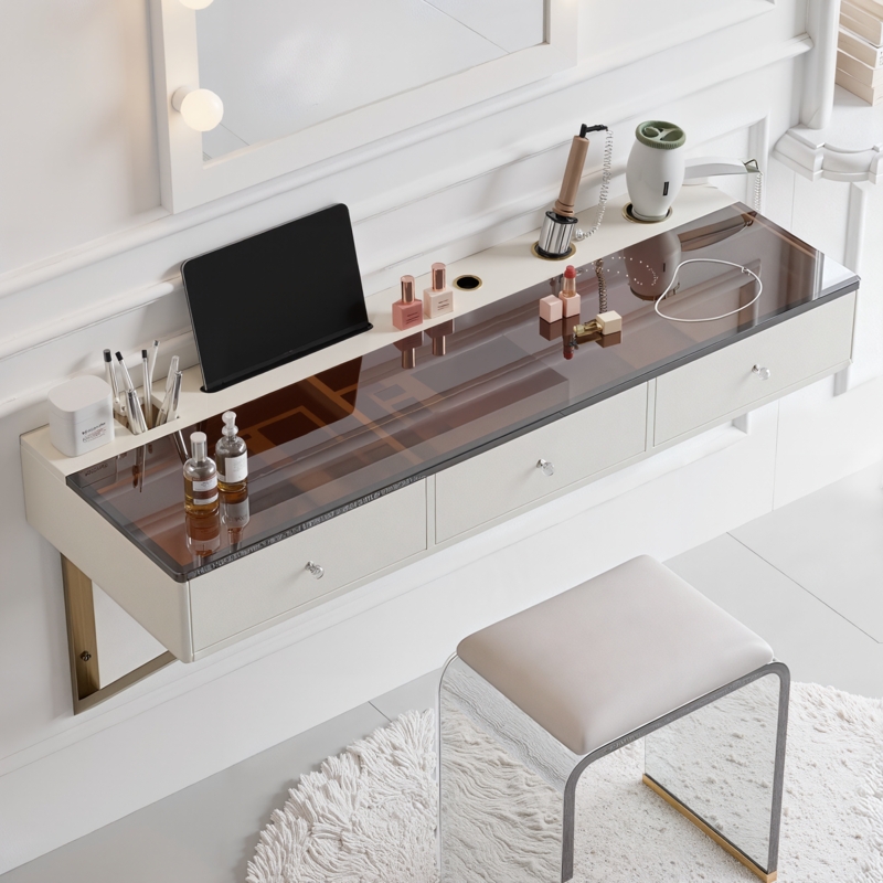 Floating Makeup Vanity Off White Tinted Glass Top Tech Slot