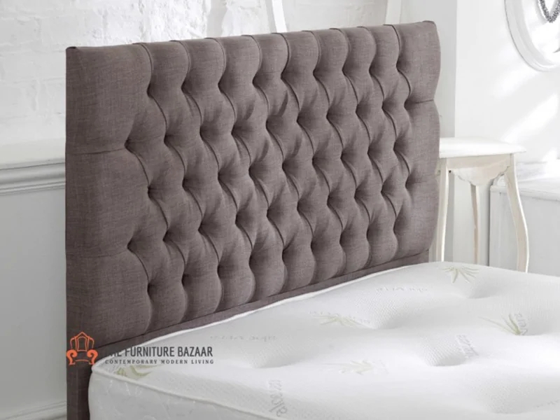 Floor Standing Headboard in Taupe Fabric with Deep Diamond Tufting
