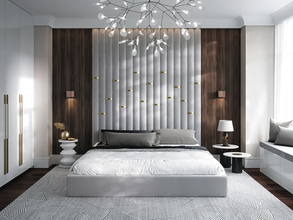 Floor To Ceiling Headboard with Channeled Upholstery Wall