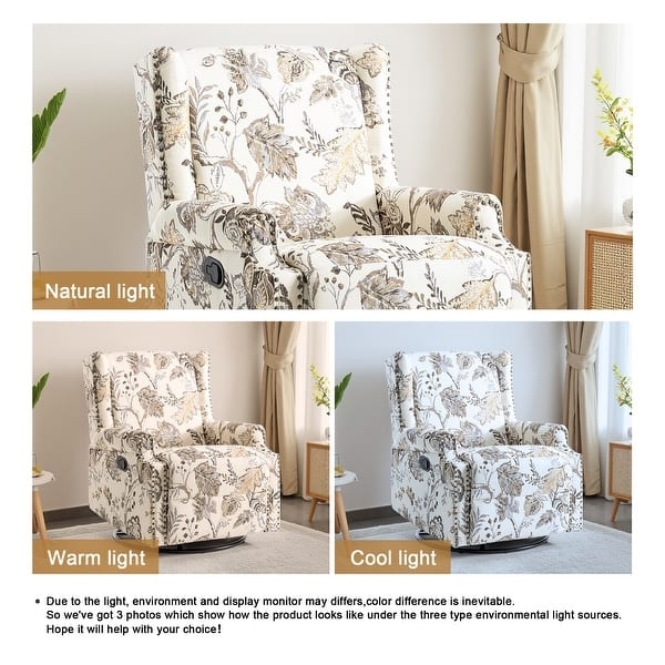 Floral Swivel Recliner Chair Botanical Wingback Glider Beige Manual